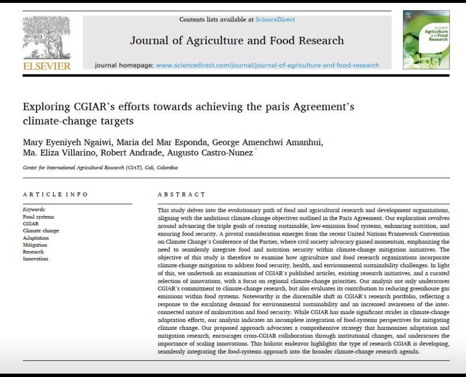 🚨 New open-access review published! We explore CGIAR’s role in advancing the Paris Agreement's climate targets. Key takeaway? While progress is made, there’s a need for a unified framework that integrates food systems for climate mitigation. 🌍 #ClimateChange #CGIAR #Research