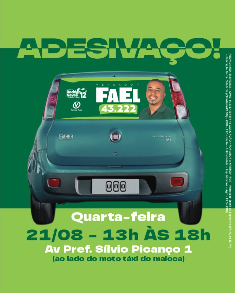 🚗 Adesivaço 🎉

Quarta-feira, dia 21/08 das 13h às 18h, na Av. Prefeito Silvio Picanço 1, vai rolar adesivaço. 

Cola lá com a gente e fortalece a campanha!

#Fael
#Adesivaço
#TamoJunto