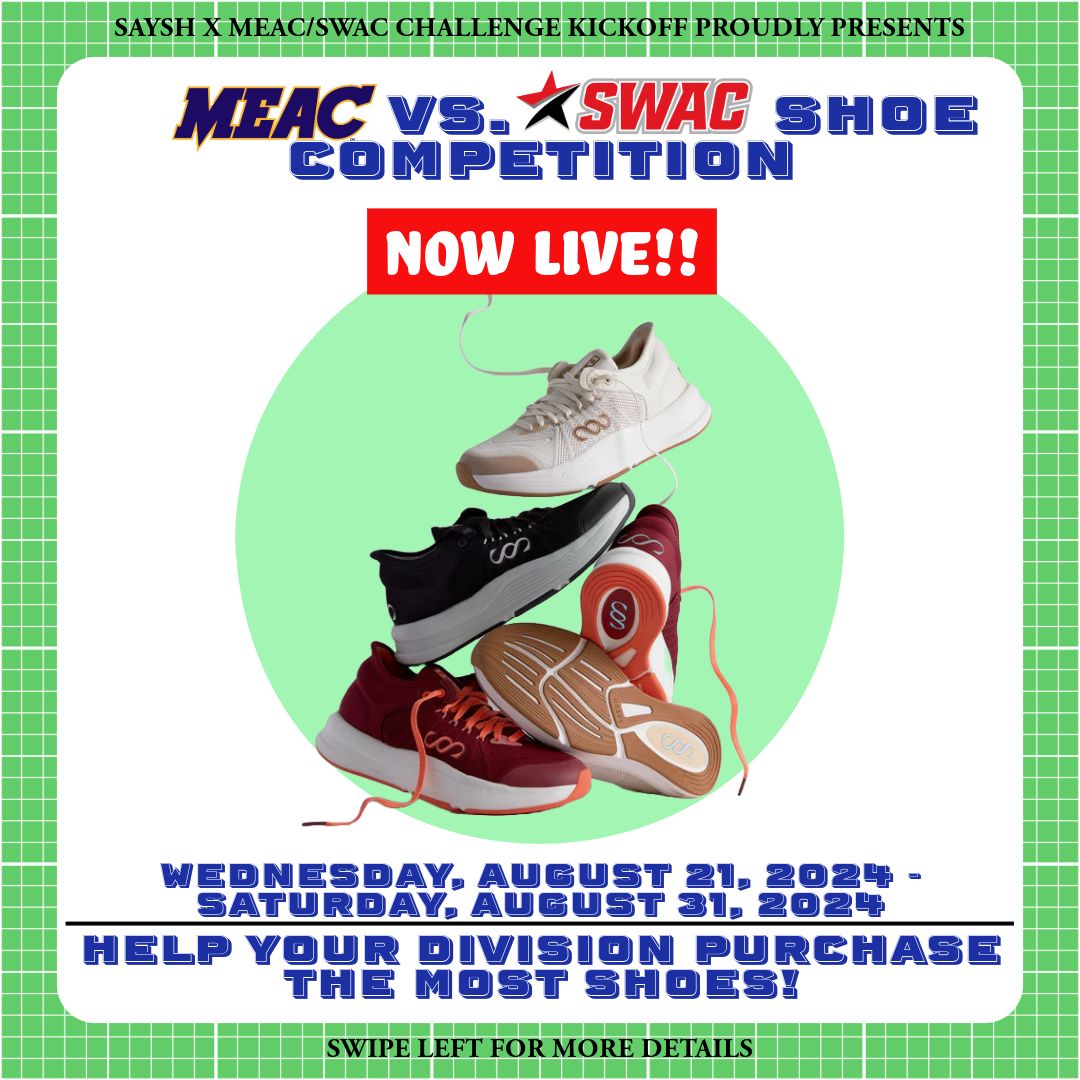 MEAC_SWAC's tweet photo. The MEAC vs. SWAC  Shoe Competition is now LIVE! 🏆 Scan the QR code, buy your fave Saysh kicks, and let the showdown begin! 🏁 Division with the most purchases = a donation to FAMU or Norfolk State! 👟 #SayshChallenge #MEACvsSWAC #StepUpForYourTeam https://t.co/ZfET6RkkdI