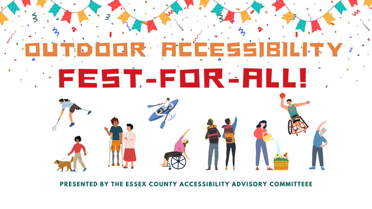 EssexCountyON's tweet photo. You are invited to the free Outdoor Accessibility Fest-for-All hosted by the Essex County Accessibility Advisory Committee!
📅Friday, Sept. 13, 2024
🕙10 a.m. to 2 p.m.
📍Colchester Park, County Road 50 at Jackson Street, Essex

Learn more: https://t.co/5WwSSgSLVg https://t.co/gZ07nBqGDw