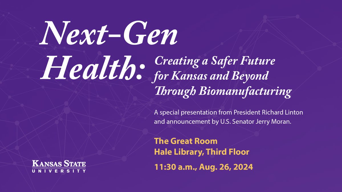 KState's tweet photo. 📅 You are invited! Join K-State and U.S. Sen. Jerry Moran for a special announcement on Monday, Aug. 26, in the Hale Library Great Room on the K-State Manhattan campus.
➡️ Read the full announcement at https://t.co/0PFw0bInLz
#NextGenKState | #KState https://t.co/25J9fnIC7G