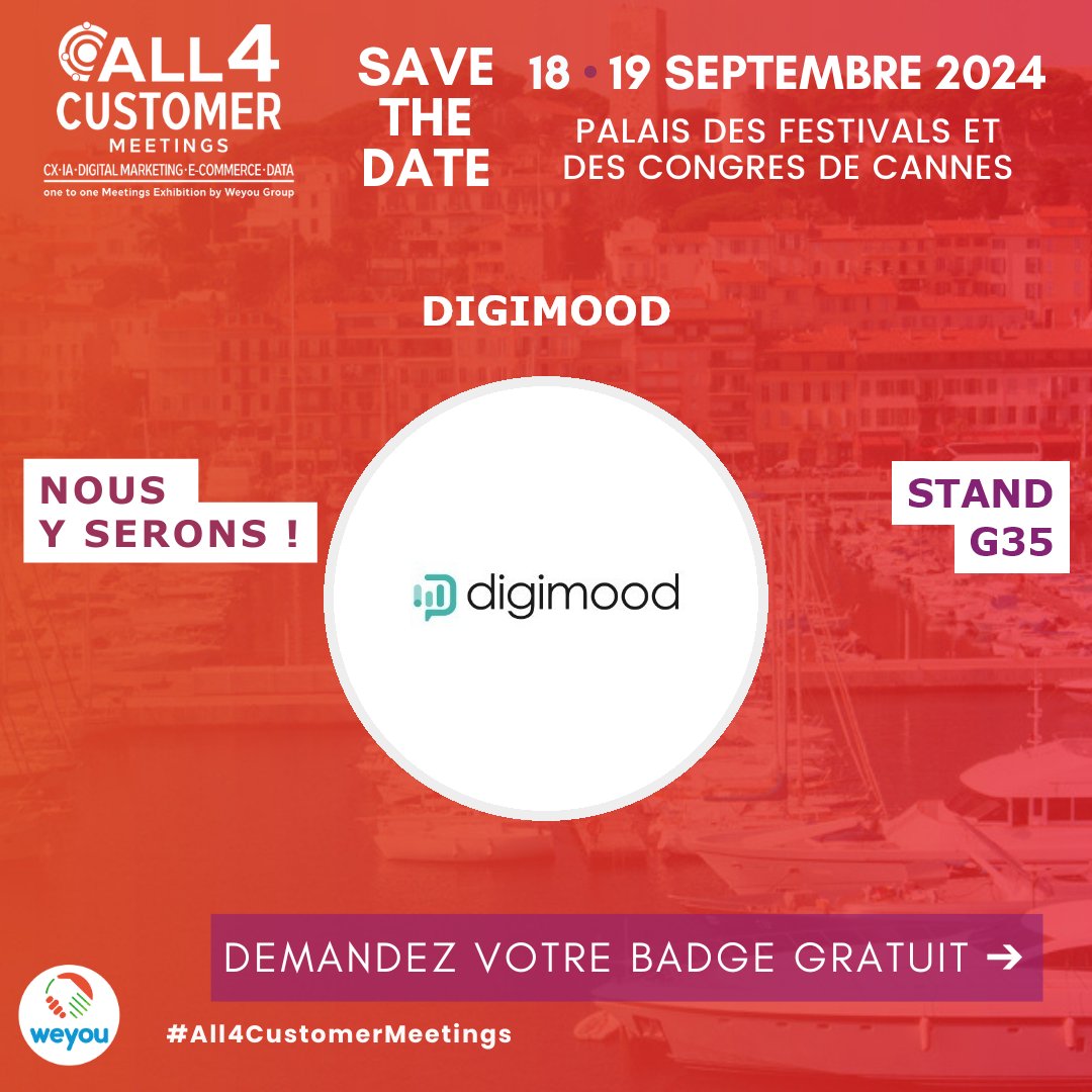 Digimood - SEO / SEA (@digimood) on Twitter photo 📅 𝗦𝗔𝗩𝗘 𝗧𝗛𝗘 𝗗𝗔𝗧𝗘
Retrouvez-nous les 18 et 19 septembre au <a href="/ALL4Cmeetings/">ALL4Customer Meetings</a> sur le stand G35 !
👉Rejoignez-nous en demandant votre badge d'accès :
visitor.weyou-group.com/all4customer-m…
#All4CustomerMeetings #Cannes #meetings 📅 𝗦𝗔𝗩𝗘 𝗧𝗛𝗘 𝗗𝗔𝗧𝗘
Retrouvez-nous les 18 et 19 septembre au <a href="/ALL4Cmeetings/">ALL4Customer Meetings</a> sur le stand G35 !
👉Rejoignez-nous en demandant votre badge d'accès :
visitor.weyou-group.com/all4customer-m…
#All4CustomerMeetings #Cannes #meetings