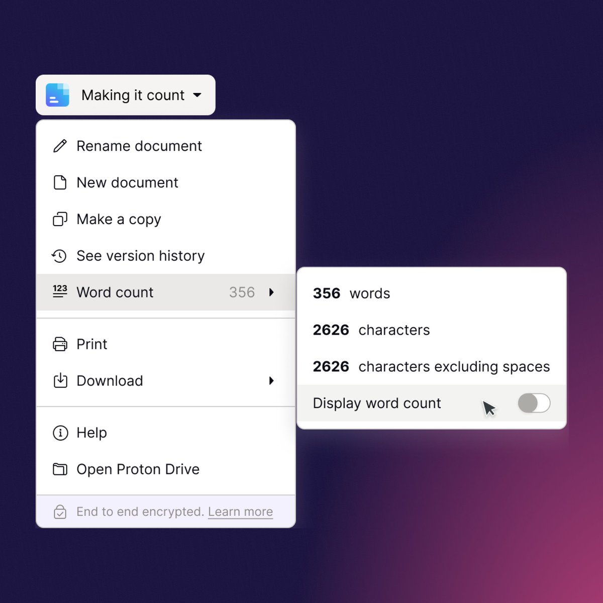 Proton Drive (@protondrive) on Twitter photo New week, new feature! 🎉
Check your progress at any time with the new Word Count feature in Docs for <a href="/ProtonDrive/">Proton Drive</a>.
proton.me/blog/docs-prot… New week, new feature! 🎉
Check your progress at any time with the new Word Count feature in Docs for <a href="/ProtonDrive/">Proton Drive</a>.
proton.me/blog/docs-prot…