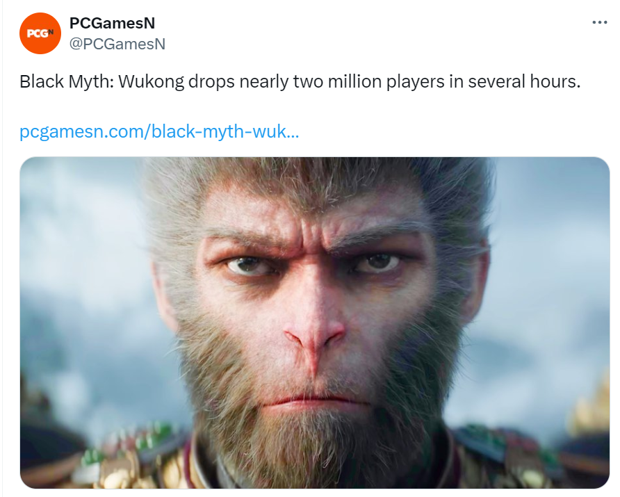 Grummz's tweet photo. The new NPC marching orders have come out:

Woke, definitely "not-racist" DEI journalists @Paultassi and woke grifter @mightykeef are now...being actually racist by calling out Black Myth: Wukong because it's popular with Chinese. 

Does China not count as real gamers?

I don't see how that diminishes the game's success in any way. Even at non-peak, when China is asleep, the game is doing 247,000 users (more than half of Helldivers peak popularity and 10x it's current), and US hasn't hit the weekend yet.

For all games sold, even global western games, China is the biggest market. No doubt Wukong is a cultural phenomenon in China, but trying to say "it doesn't count because they are Chinese" as if Chinese gamers are somehow "lesser" is the type of casual racism that these DEI defenders claim to be against.

Hypocrites.