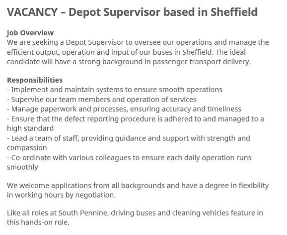South Pennine Bus (@southpenninect) on Twitter photo VACANCY - Depot Supervisor in Sheffield.
We are looking for an outstanding team player to help lead our team in Sheffield.
To apply please forward your CV by email for the attention of Kevin Carr at buses@southpenninect.co.uk
Deadline for applications - Mon 2nd Sep at 12noon VACANCY - Depot Supervisor in Sheffield.
We are looking for an outstanding team player to help lead our team in Sheffield.
To apply please forward your CV by email for the attention of Kevin Carr at buses@southpenninect.co.uk
Deadline for applications - Mon 2nd Sep at 12noon