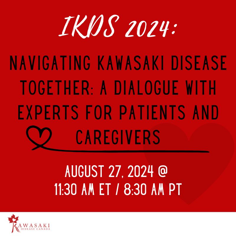 Kawasaki Disease Canada and the Kawasaki Disease Foundation (U.S.) will be hosting "Navigating Kawasaki Disease Together: A Dialogue with Experts for Patients and Caregivers" at #IKDS2024 Tuesday, August 27, 2024 at 11:30 AM ET.  #livestream info in the thread below.