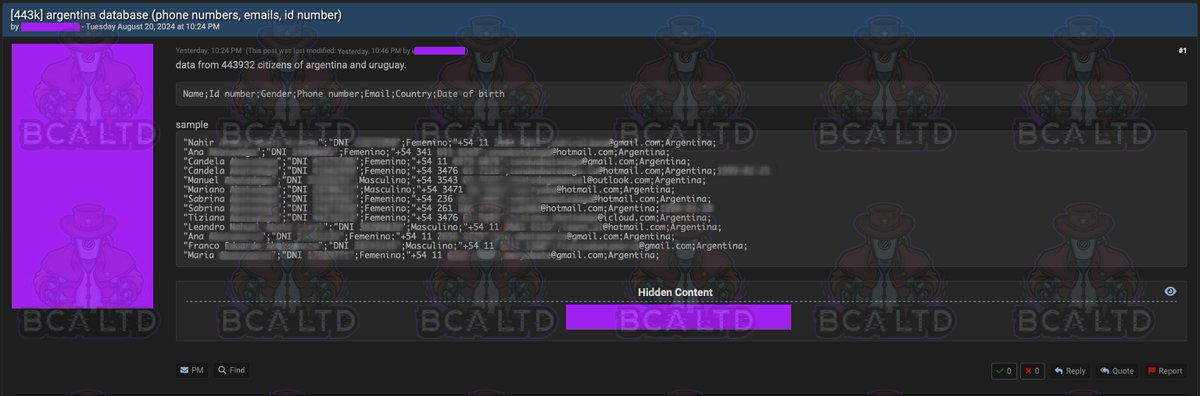 Birmingham Cyber Arms LTD (@birminghamcyber) on Twitter photo 🔐 New #cybercrime intelligence:
🇦🇷 #Argentina: A threat actor is selling a database allegedly belonging to Migraciones, containing 443,000 entries with the emails, DNI/CI, DOB, and mobile phone numbers of Argentine and Uruguayan citizens.
🔎 #ThreatIntelligence: <a href="/chum1ng0/">chum1ng0/security research</a> 🔐 New #cybercrime intelligence:
🇦🇷 #Argentina: A threat actor is selling a database allegedly belonging to Migraciones, containing 443,000 entries with the emails, DNI/CI, DOB, and mobile phone numbers of Argentine and Uruguayan citizens.
🔎 #ThreatIntelligence: <a href="/chum1ng0/">chum1ng0/security research</a>
