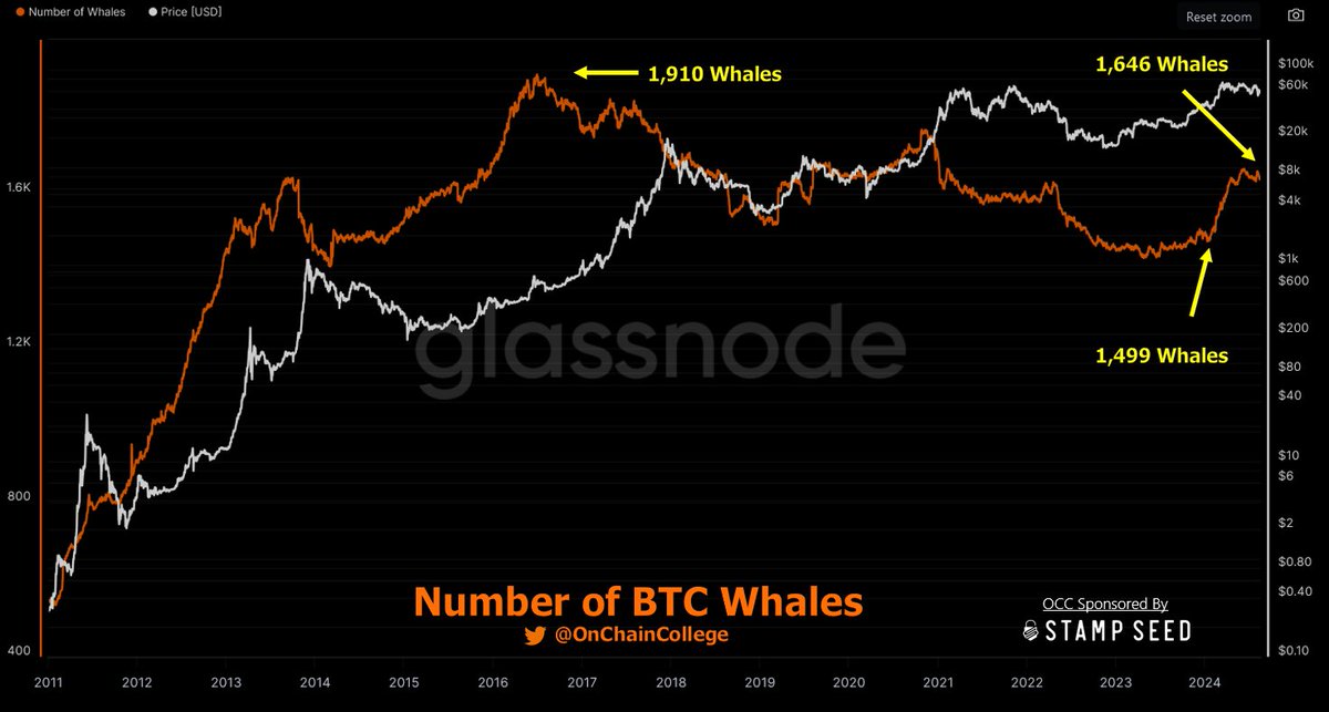 There are 1,646 Bitcoin Whales, based off of Glassnode's advanced entity clustering algorithms. 

Whales are defined as entities that hold over 1K BTC.

There are now 147 more whales since the start of 2024.

Big money is investing in BTC