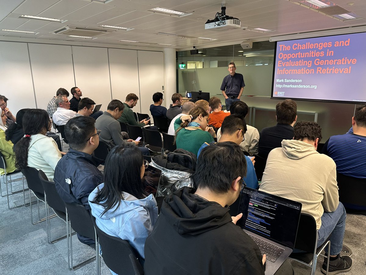 Zixuan Yi (@zixuanyi_) on Twitter photo Today, Mark Sanderson <a href="/IR_oldie/">Mark Sanderson</a> from <a href="/RMIT/">RMIT University</a> is giving an in person #IRTalk talk entitled "The Challenges and Opportunities in Evaluating Generative Information Retrieval". Details at: samoa.dcs.gla.ac.uk/events/viewtal…
<a href="/GlasgowCS/">UofG Computing Science</a> <a href="/ir_glasgow/">Glasgow IR Group</a> Today, Mark Sanderson <a href="/IR_oldie/">Mark Sanderson</a> from <a href="/RMIT/">RMIT University</a> is giving an in person #IRTalk talk entitled "The Challenges and Opportunities in Evaluating Generative Information Retrieval". Details at: samoa.dcs.gla.ac.uk/events/viewtal…
<a href="/GlasgowCS/">UofG Computing Science</a> <a href="/ir_glasgow/">Glasgow IR Group</a>