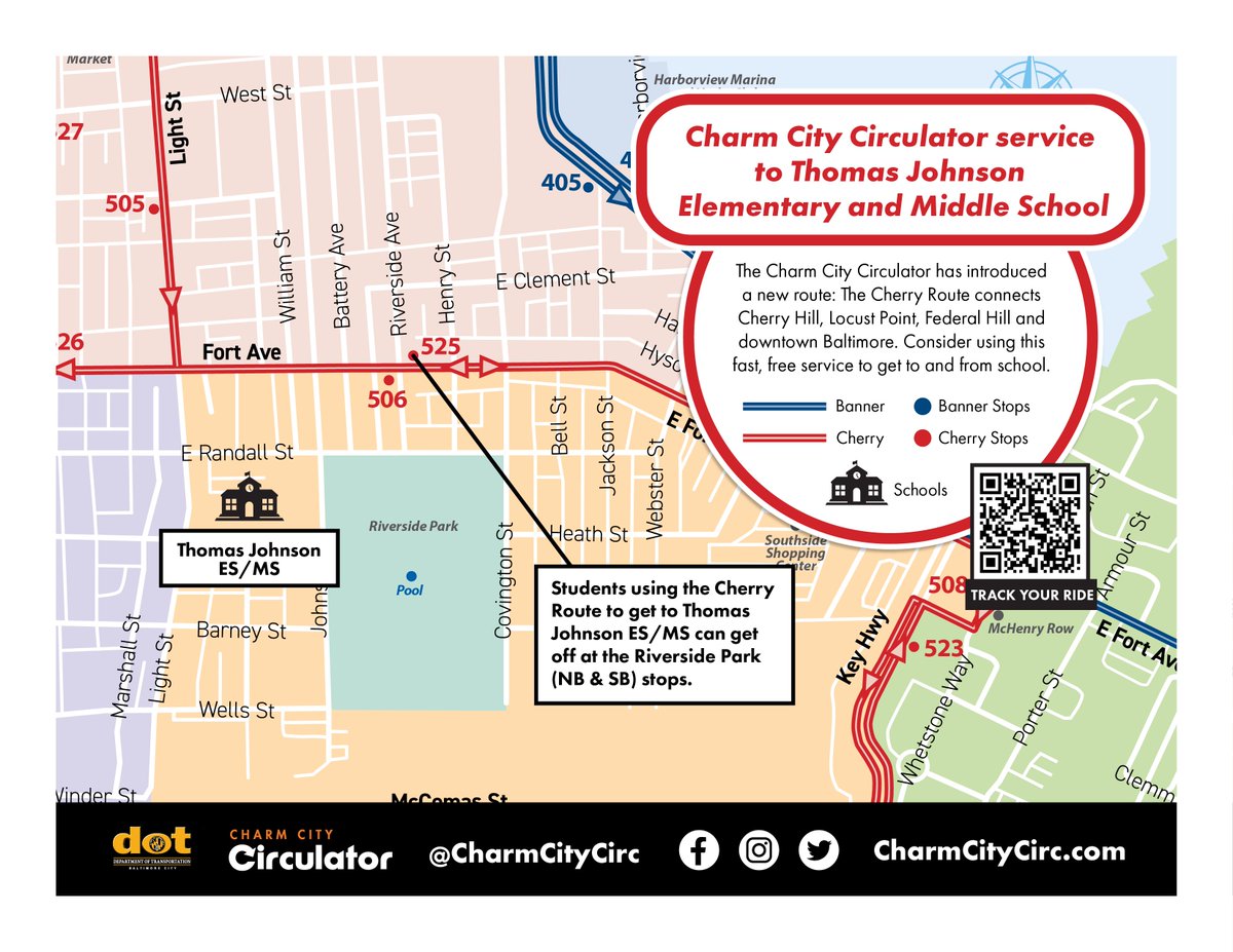 Calling all students/parents of students who attend Francis Scott Key ES/MS, Thomas Johnson ES/MS, Fed Hill Prep, or Digital Harbor HS. 📚

Due to recent changes to our service, some of your usual Circulator access points may have changed. Take a look at these maps and see how