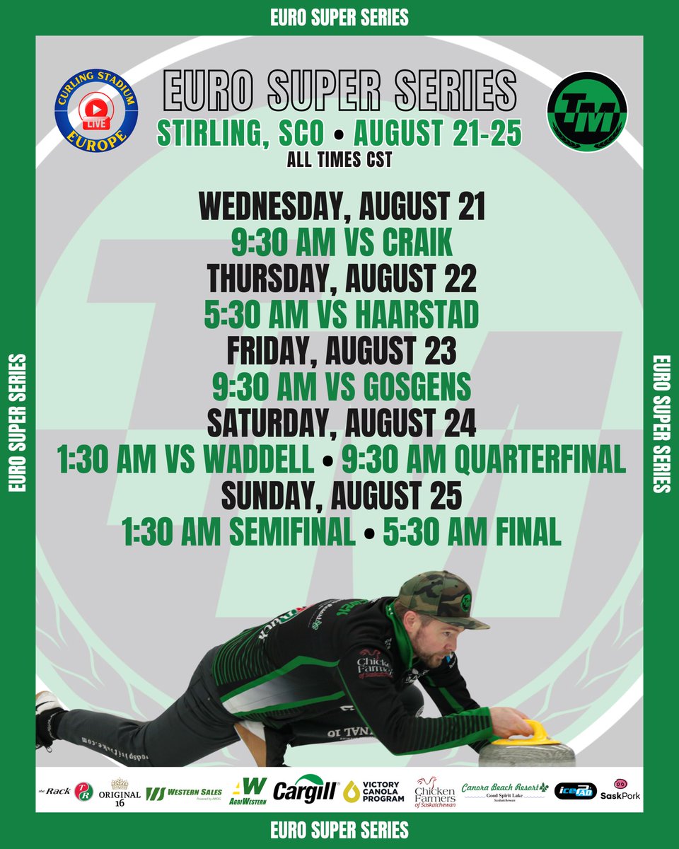 Here we go 💪🏼

🥌 EURO SUPER SERIES
📍 Stirling, SCO
🗓️ August 21-25

FIRST GAME:
🗓️ Wednesday, August 21
⏰ 9:30am CST
🆚 Craik 

Buy a pass online through the link below to watch all games live ⬇️
🔗 curlingstadiumeurope.com/buy-pass

#TeamMcEwen | #ESSCurling2024