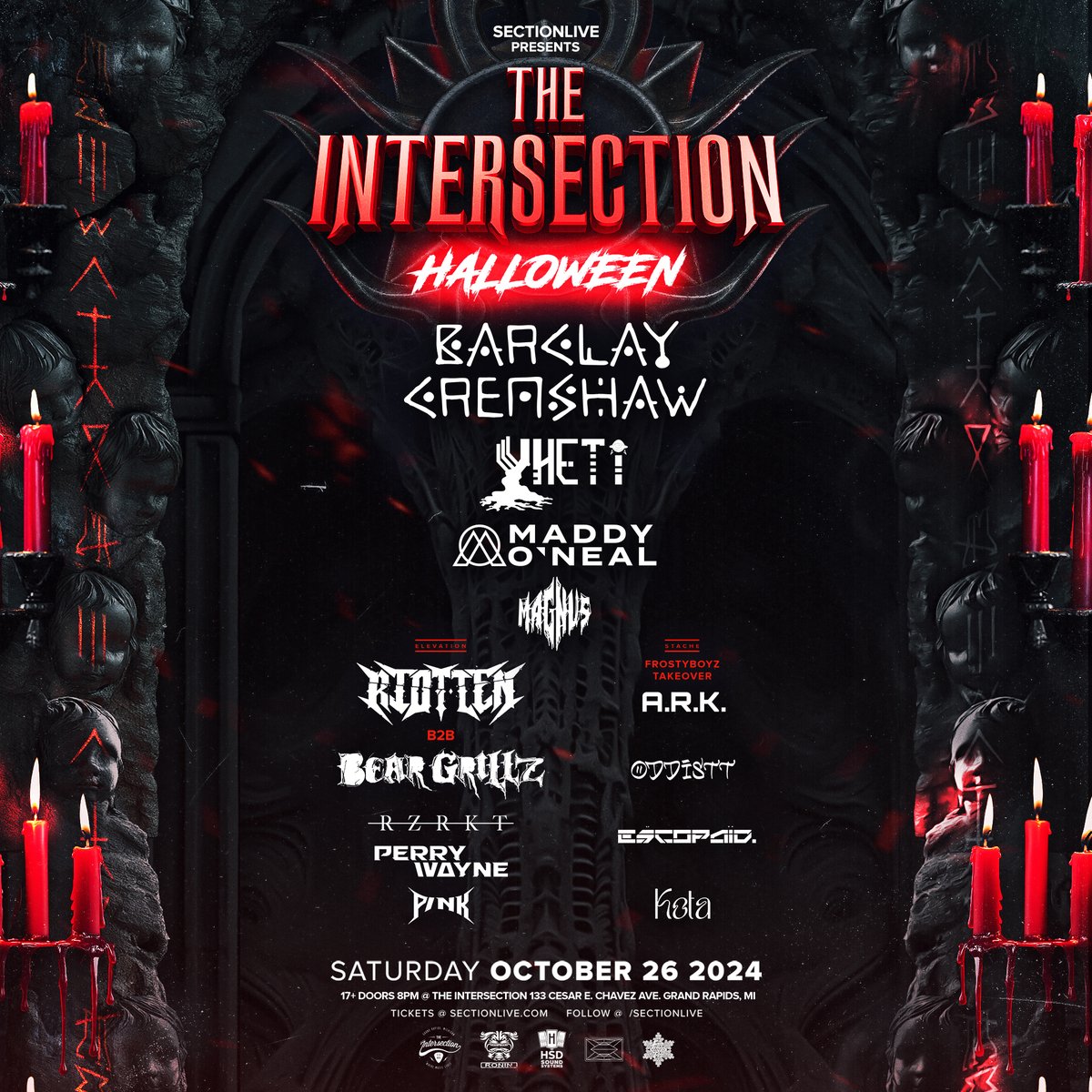 SectionLive presents The Intersection Halloween on Sat. 10/26 at <a href="/sectionlive/">The Intersection</a>. On sale now!
Intersection - <a href="/BarclayCrenshaw/">Barclay Crenshaw</a> <a href="/yhetimusic/">Yheti</a> <a href="/Maddy_ONeal/">Maddy O'Neal</a> <a href="/MagnusDubz/">MAGNUS 🪓 🅿️ ⚡️</a> 
Elevation - <a href="/RiotTenMusic/">RIOT TEN</a> b2b <a href="/itsbeargrillz/">BEAR GRILLZ</a> <a href="/RZRKTmusic/">RZRKT</a> <a href="/perrywaynemusic/">PERRY WAYNE</a> P/NK 
Stache - <a href="/frostyboyzent/">Frosty Gang</a> Takeover
