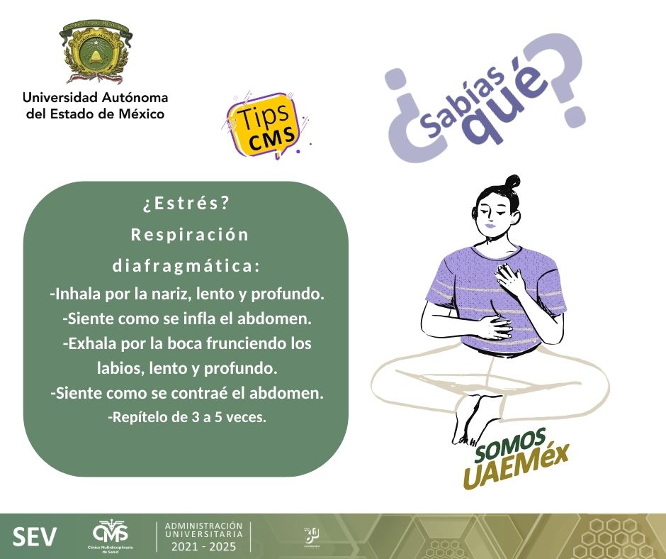En momentos de estrés, te recomendamos practicar la respiración diafragmática; sin embargo, si es muy frecuente ¡lo mejor es asistir con personal de salud especializado!.
#TipsCMS
#SomosCMSUAEMéx
#SomosUAEMéx