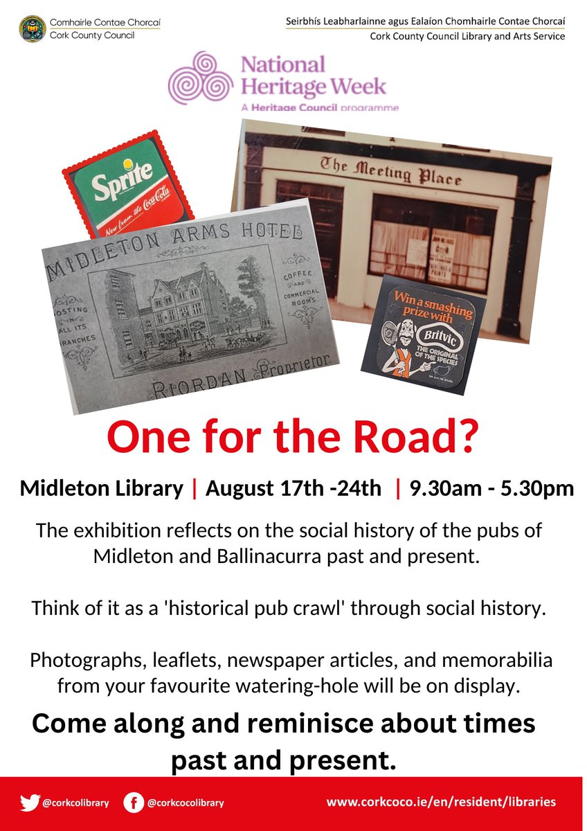 corkcolibrary's tweet photo. Final Call! Drop into #MidletonLibrary from now until Saturday August 24th to take a 'historical pub crawl' through the social history of the pubs of Midleton and Ballinacurra. Pull up a seat and reminisce about the good old days!
#LibrariesIreland
#HeritageWeek2024 https://t.co/mmtDFfm7qZ