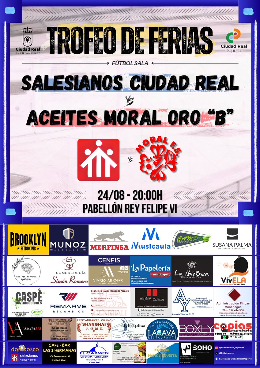 FsSalesianos's tweet photo. 🏆 TROFEO DE FERIAS ⚽

🆚️ @MoralFs "B"
🗓 24/08 - 20:00h ⏰
🏟 Pabellón Rey Felipe VI

💪🏼Primer encuentro de pretemporada para nuestro equipo senior‼

#VAMOSSALESIANOS💙 
#ORGULLOYFAMILIASALESIANA🫶🏼 https://t.co/V2Qc0WIRl7