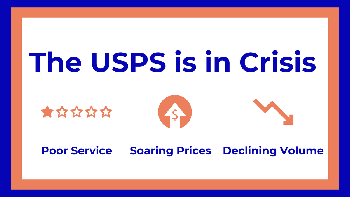 C21Postal's tweet photo. The USPS is in crisis: poor service, rising prices, declining volume and $6.5B losses last year.

This threatens rural America, small businesses, charities, and millions reliant on USPS. https://t.co/OAyJUpuHs8