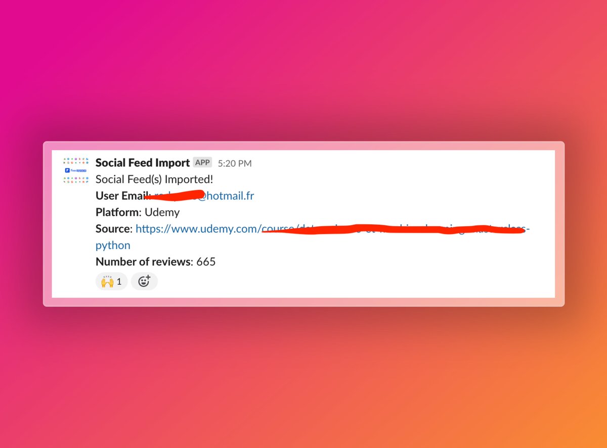 ChiragLathiya's tweet image. What's better than seeing the impact immediately? 

We recently launched feature built by our in-house data science team to scrap the Udemy Course reviews!

Within fraction of second, customer could now import thousands of reviews in @getfeedspace 

Get em before you lose those.