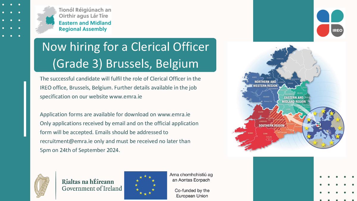 Applications now open for the role of Clerical Officer Grade 3 in the Irish Regions European Office, Brussels Apply today ➡️emra.ie/careers/#top 
Closing date: 5pm on 24th September 2024 #IrishRegions_EU