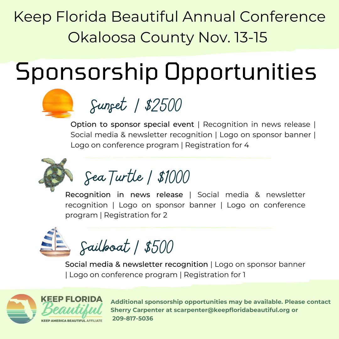 We 💚 our sponsors! Please reach out to Executive Director Sherry Carpenter to support our 2024 Annual Conference happening Nov. 13-15 in Okaloosa County. #support #conference #keepflbeautiful #florida #donation #recycling #corporatesponsorships #okaloosacounty #rethinkrecycling