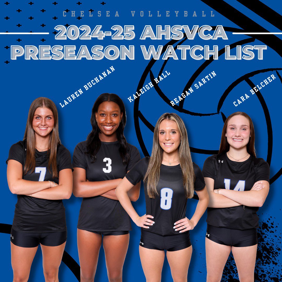 Chelsea volleyball had four players selected to the Alabama High School Volleyball Coaches Association (AHSVCA) 2024-25 AHSVCA Preseason Student-Athletes to Watch List. Congratulations Cara, Kaleigh, Reagan, and Lauren.