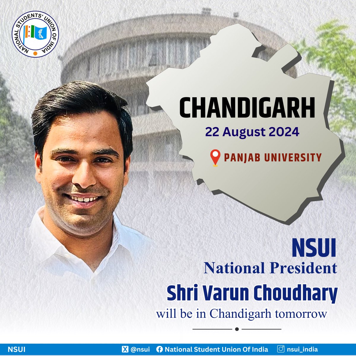 NSUI National President Shri <a href="/varunchoudhary2/">Varun Choudhary</a> will be in Chandigarh tomorrow 

📍Panjab University 
🗓️ 22 August 2024