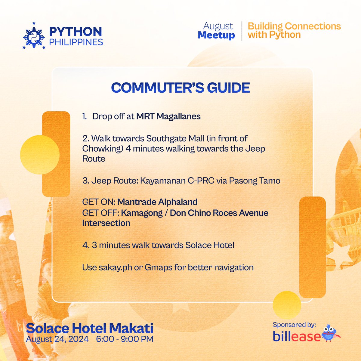 pythonph's tweet image. Wondering how to easily reach the Meetup Venue? We got you!📷 

Check out our commuter’s guide and general tips to ensure a smooth and enjoyable experience. We can’t wait to see you there!  

#PythonPH #PythonPH2024 #PythonAugustMeetup #PHTechCommunity