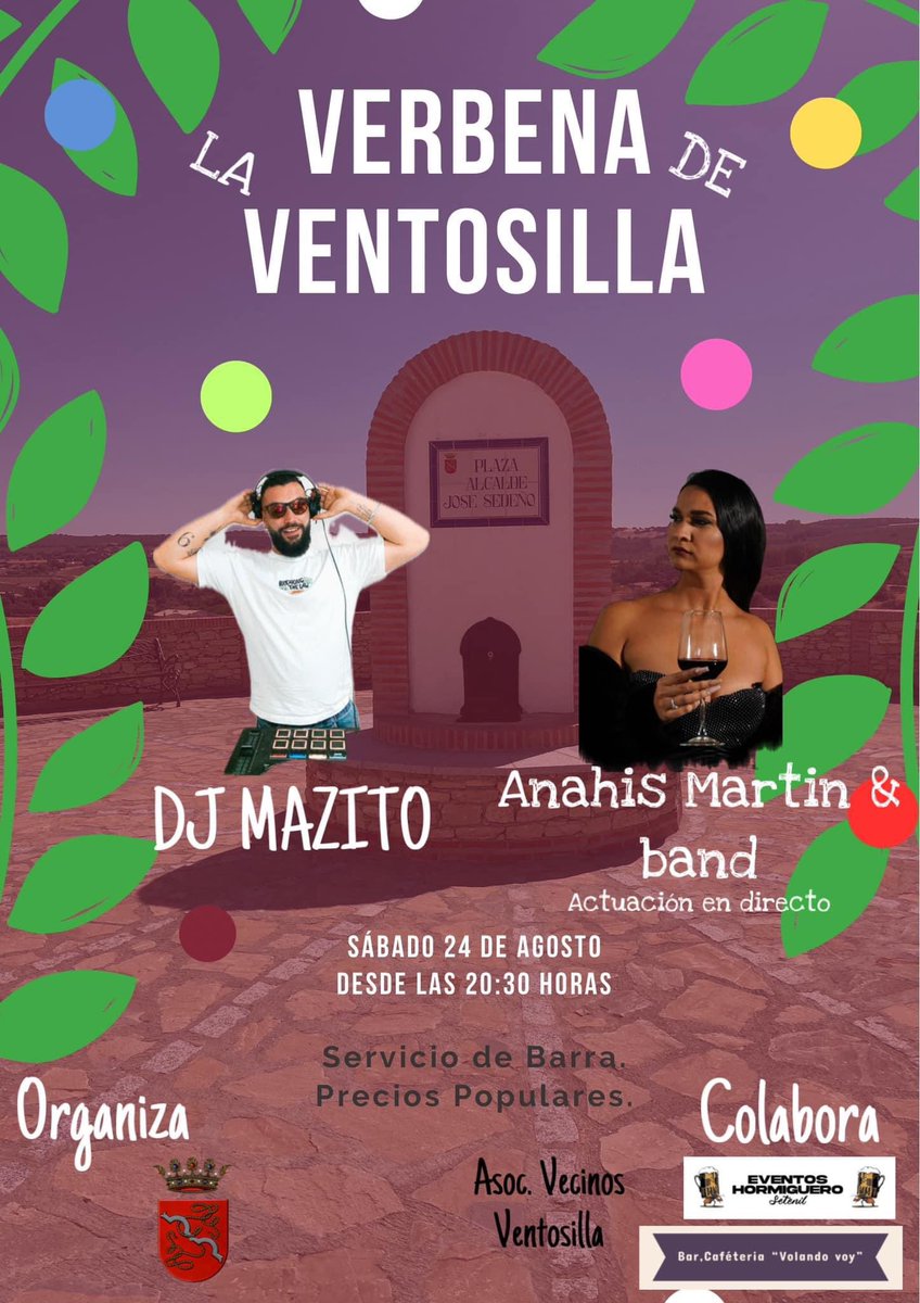 Verbena LA VENTOSILLA

El próximo sábado, 24, disfruta de una agradable noche en uno de los barrios más representativos de nuestro pueblo y en la que se podrá disfrutar de Anahis Martin &amp; band y, además, de la mejor música del momento a cargo de DJ Mazito.

¡Te esperamos!