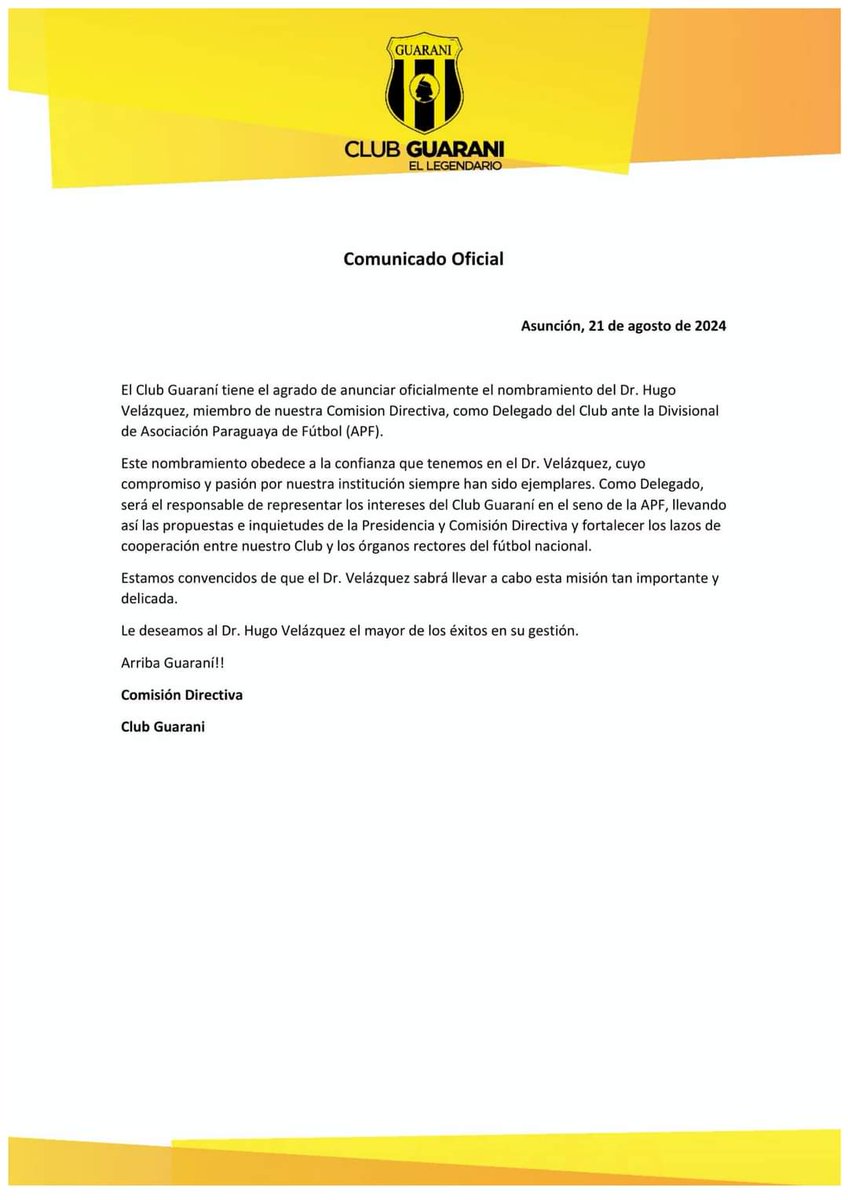 hugo_gonzalezs's tweet photo. El exvicepresidente de la República, Hugo Velázquez, es nuevo delegado del @ClubGuarani ante la Divisional de la @APFOficial
#Guarani #HugoVelazquez #APF https://t.co/bruvvjshkW