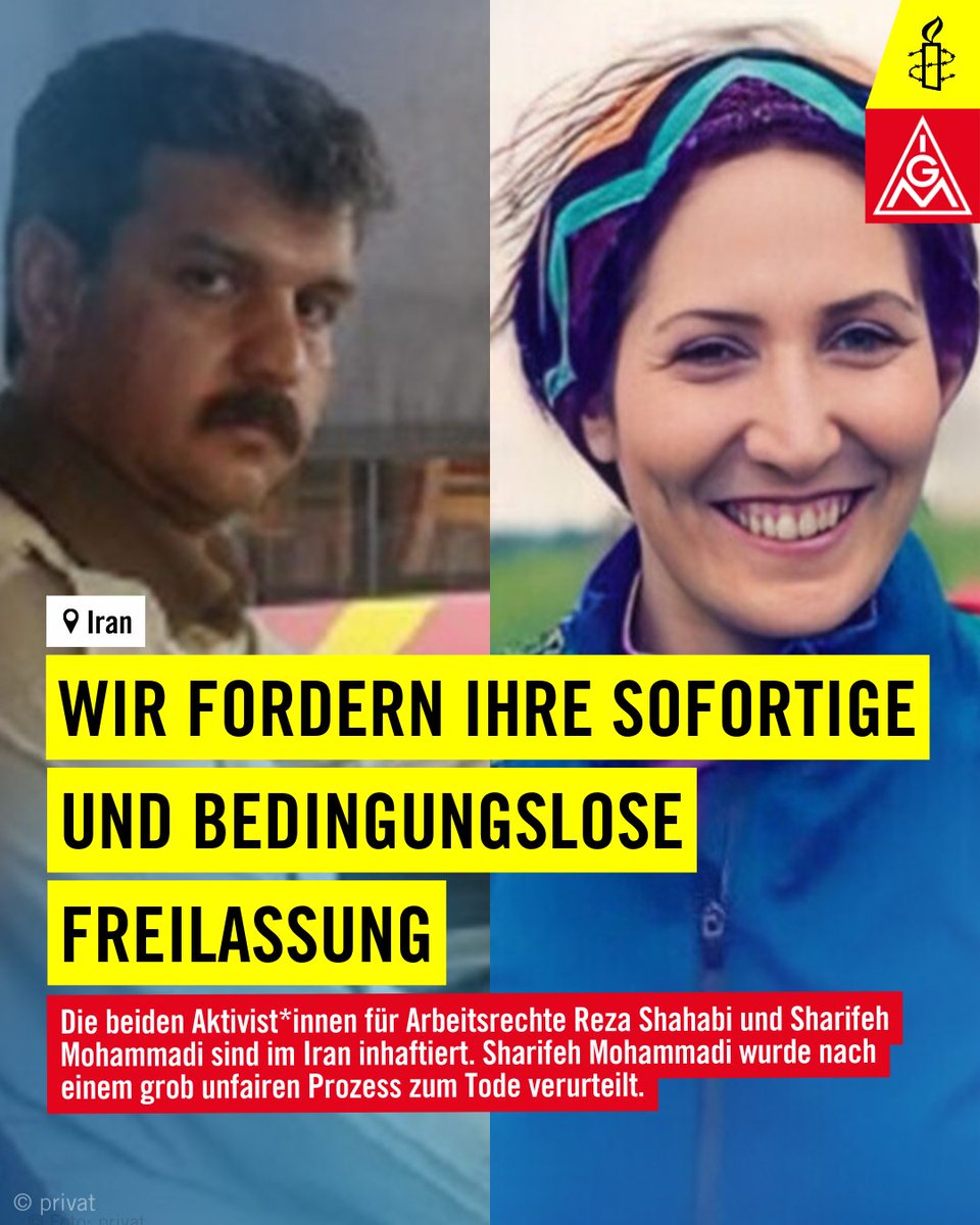 Reza Shahabi und Sharifeh Mohammadi setzen sich für Arbeiter*innen im #Iran ein - und sind dafür im Gefängnis. Ersterer trotz Gesundheitsproblemen ohne medizinische Versorgung, letztere nach Folter zum Tode verurteilt. <a href="/khamenei_ir/">Khamenei.ir</a>, beide müssen sofort bedingungslos freikommen!
