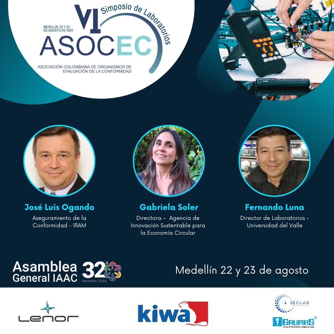 Nos complace invitarlos al VI Simposio de Laboratorios, "El papel de los OEC en los procesos de innovación para la sostenibilidad" que se llevará a cabo en Medellín los días 22 y 23 de agosto de 2024. Inscríbase: goo.su/rKKzkw - Agenda:  goo.su/WYsD1