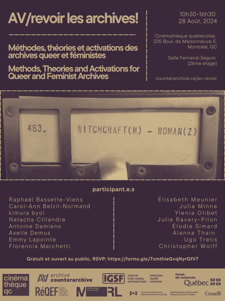 We are excited to announce an upcoming event at the Cinémathèque québécoise called AV/revoir les archives! Méthodes, théories et activations des archives queer et féministes, on Aug 28th. The study day is free and open to the public. To register: forms.gle/7xmthieGvqNyrG…