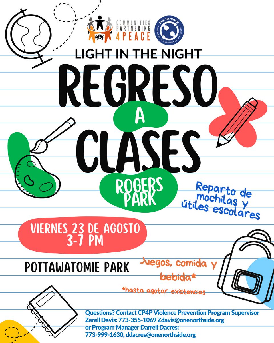 This Friday our Violence Prevention team will be out in Rogers Park for their annual Back to School bookbag giveaway. Find them in Pottawattomie Park from 3pm-7pm handing out bookbags and school supplies to any family that needs them - all items first come first served.