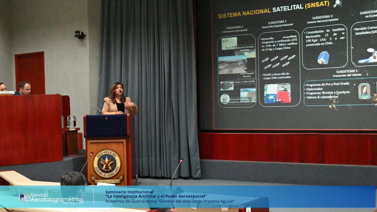 🔵 HOY| Tuvimos el agrado de participar del Seminario "La Inteligencia Artificial y el Poder Aeroespacial", organizado por la Academia de Guerra Aérea. En el que presentamos sobre nuestros avances vinculados con la #IA y los #DatosGeoespaciales 🛰️🇨🇱