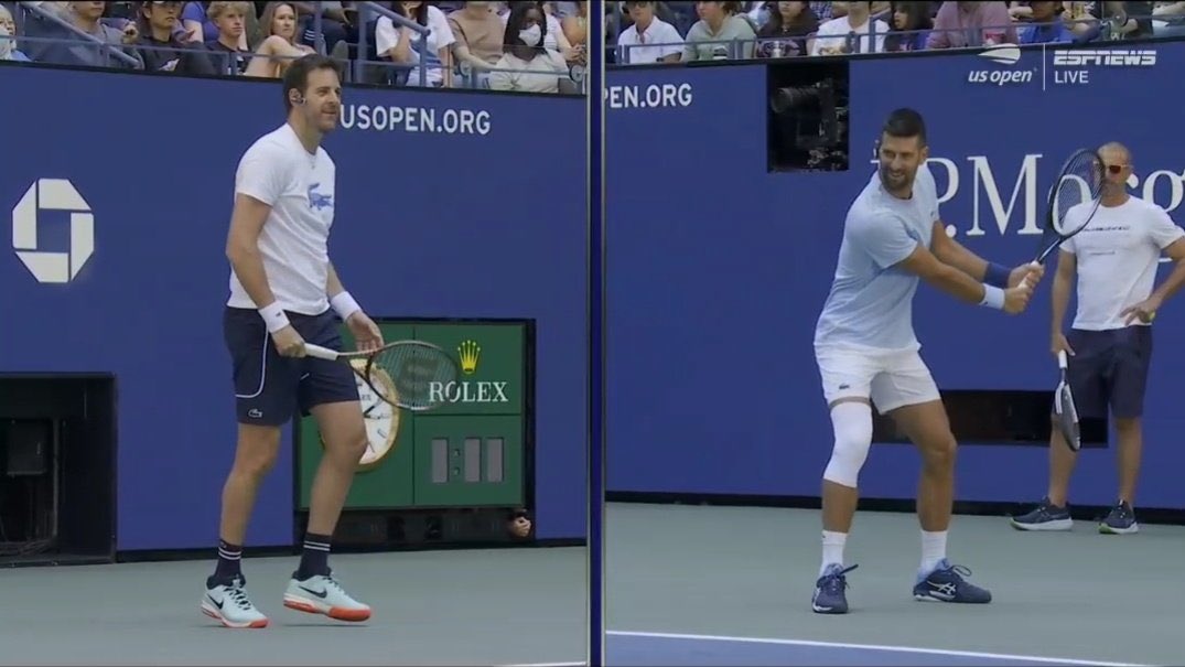 TheTennisLetter's tweet photo. Djokovic while practicing with Juan Martin del Potro at the US Open

“Was winning the gold medal your greatest achievement?”

Novak: “My greatest success ever was beating Juan Martin del Potro in the final of US Open in 2018.” 😂

Juan: “My biggest success was beating you in Rio.”

Novak: “And in London!” 😂 Delpo is my nemesis at the Olympic Games. He’s been my slayer.”

(via @espn)