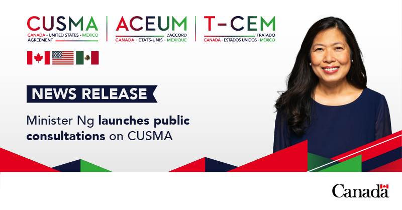 CanadaTrade's tweet photo. Today, Minister Ng announced the launch of public consultations on #CUSMA.  

How do you think this #FreeTradeAgreement is working or could be improved? 🇨🇦🇺🇸🇲🇽 

#USMCA #TMEC