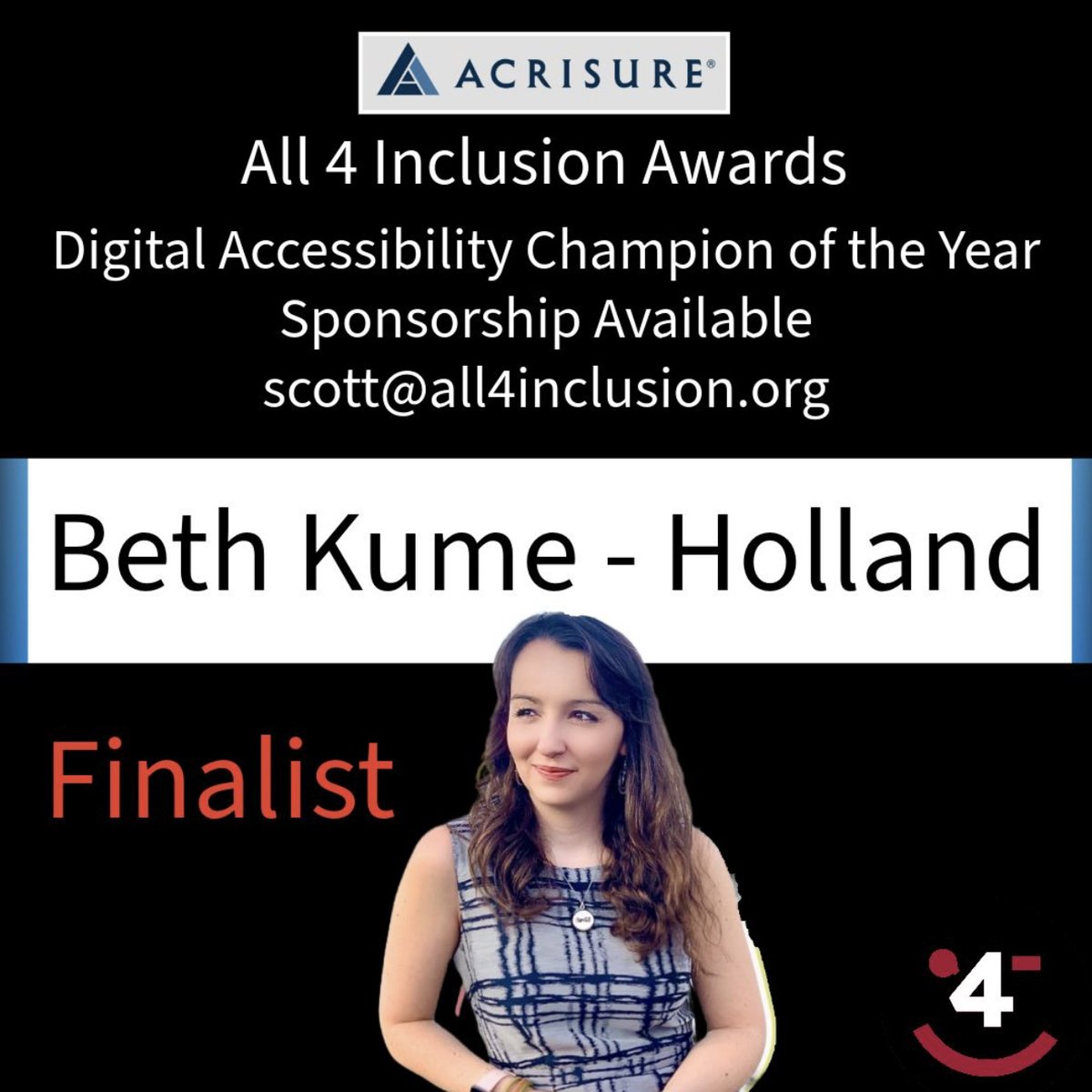 I’m thrilled to be a finalist for 'Digital Accessibility Champion' at the All4Inclusion Awards! 🌟 

Digital accessibility should be a right, not a privilege. I’m forever learning but will always advocate for equal access. If you'd consider voting: forms.office.com/e/Jq3TzDibTS