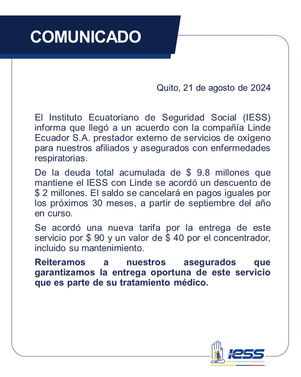 IESSec's tweet photo. 📣 #IMPORTANTE | Ante la información que se difunde en medios de comunicación sobre un supuesto incumplimiento en la dotación de oxígeno para pacientes con enfermedades respiratorias, el @IESSec comunica: https://t.co/JhiuvwKg54