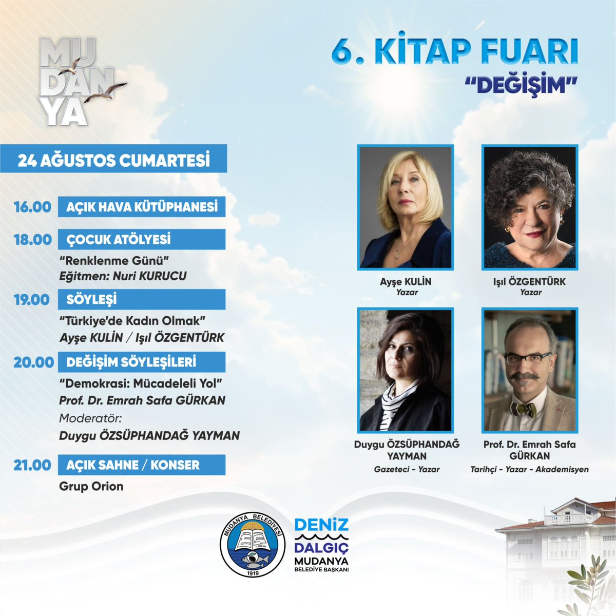 MudanyaKitapF's tweet photo. Bu yıl altıncısını “Değişim" temasıyla düzenlediğimiz Mudanya Kitap Fuarı, 23 Ağustos Cuma günü saat 11.00’da başlıyor.
Kitapseverleri Türkiye’nin önde gelen yayınevleri, yazar ve akademisyenleriyle buluşturacak fuarımızın saat 19.00’da düzenlenecek açılış töreni ile Mudanya, https://t.co/JGUCS3Relx
