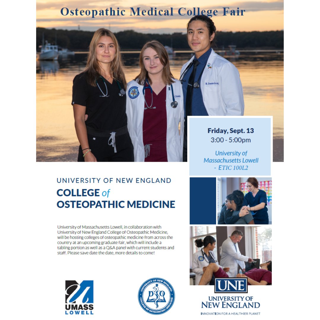 Kennedy College of Sciences at UMass Lowell (@kcsciences_uml) on Twitter photo Join us at the Osteopathic Medical School Fair at UMass Lowell on Friday, Sept. 13, 3-5 PM in ETIC 100L2! Meet admissions reps from 15-20 schools nationwide. Great for all students—whether you're applying now, next year, or just exploring your options.
<a href="/UML_Biology/">UMass Lowell Biology</a> <a href="/UMassLowell/">UMass Lowell</a> Join us at the Osteopathic Medical School Fair at UMass Lowell on Friday, Sept. 13, 3-5 PM in ETIC 100L2! Meet admissions reps from 15-20 schools nationwide. Great for all students—whether you're applying now, next year, or just exploring your options.
<a href="/UML_Biology/">UMass Lowell Biology</a> <a href="/UMassLowell/">UMass Lowell</a>
