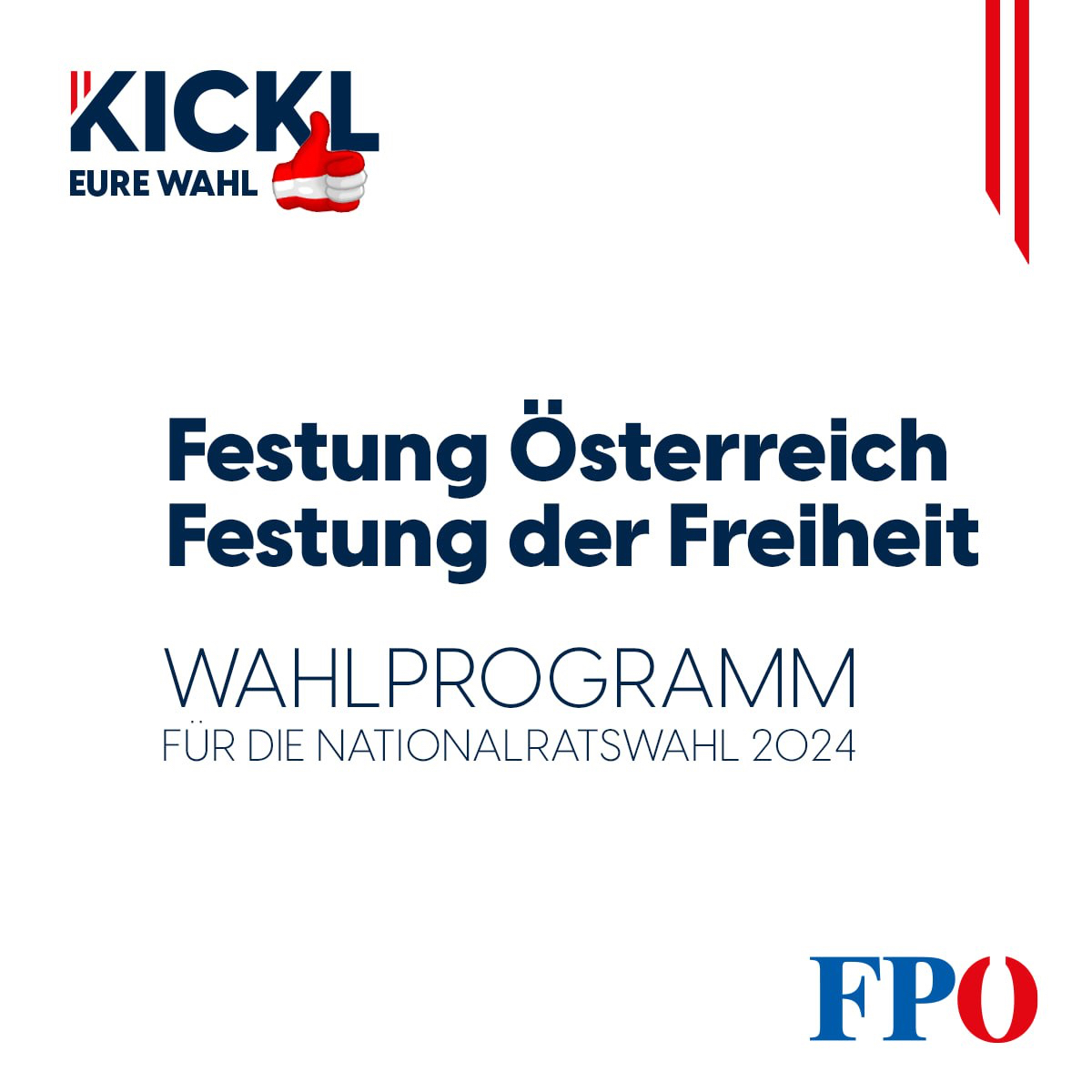 hpkurz_fpoe's tweet photo. Unser größtes Ziel ist es, den Bürgern Österreichs ein maximales Maß an Freiheit zu ermöglichen. Und genau das haben wir auch in unserem Wahlprogramm für die Nationalratswahl 2024 definiert. Wir geben den Menschen wieder Wohlstand, Sicherheit und Lebensfreude zurück! #FPÖ #Kickl

📘🇦🇹Hier gibt es unser Wahlprogramm für Euch: https://t.co/4AKVrxQ2OB