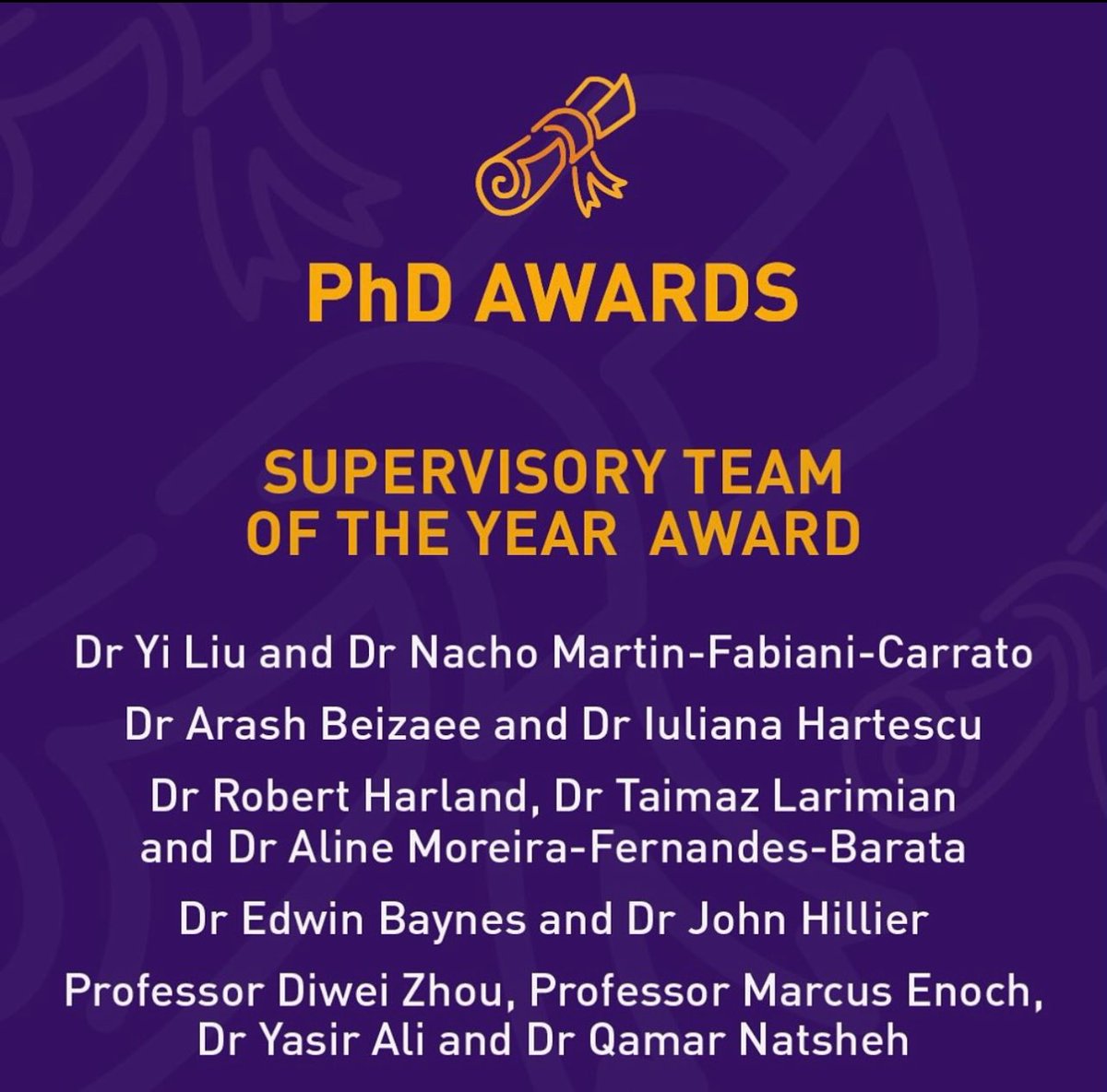 We are thrilled to be shortlisted for ‘Supervisory Team of the Year’ at this year’s PhD Awards at Loughborough University for our project on Statistical Analysis for Traffic Network Data. Congratulations to the other shortlisted teams as well.