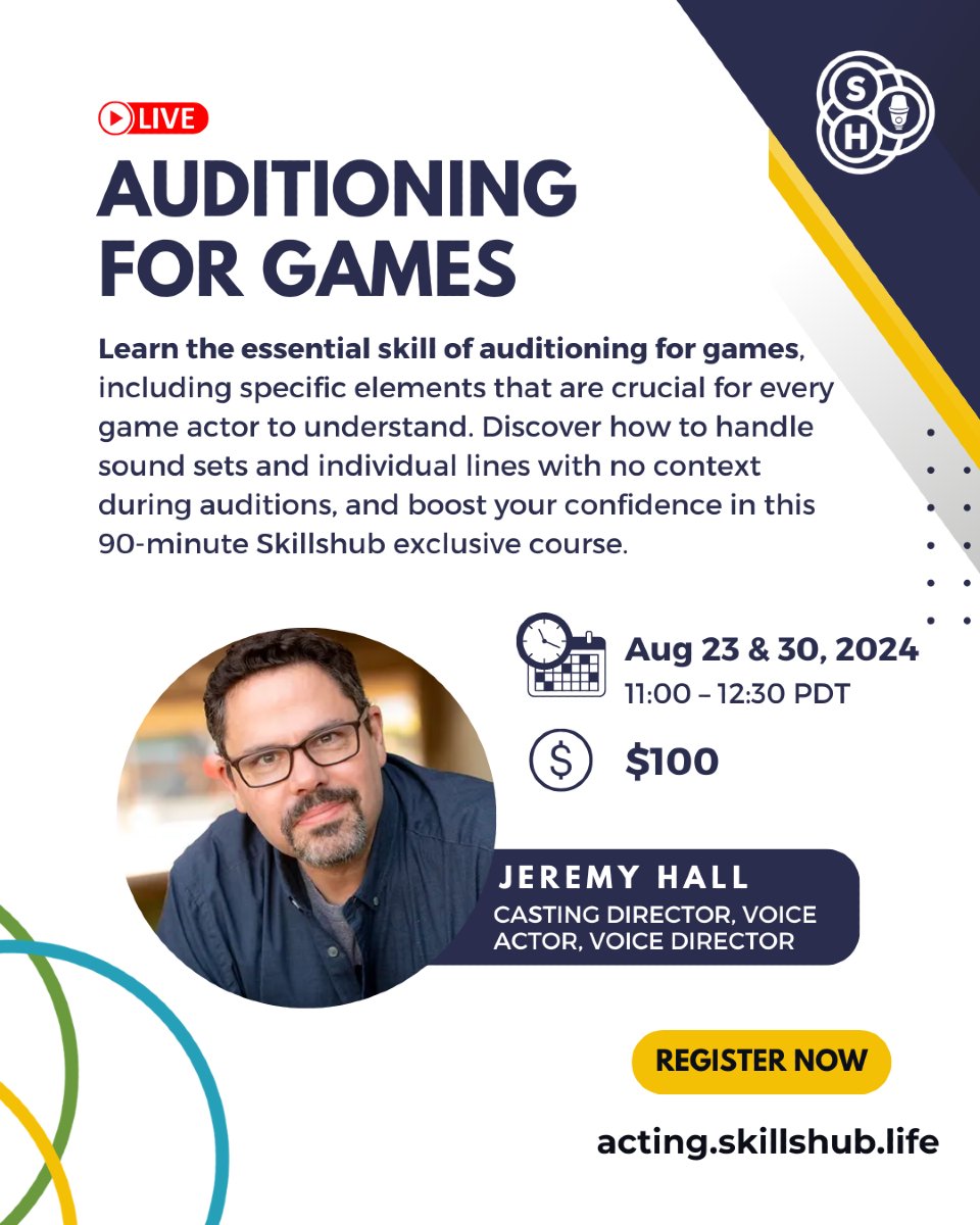 In this 2-module SkillsHub exclusive course, Casting Director and Voice Director, Jeremy Hall will walk you through what you need to do to nail auditions and walk into gigs with the confidence of an actor they hire again and again. 

Don't miss out - register now!