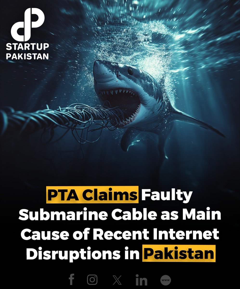 PakStartup's tweet photo. The Pakistan Telecommunication Authority (PTA) has identified a fault in a submarine cable as the cause of the recent internet disruption in Pakistan.

#PakistanTelecommunication #PTA #InternetDisruption #SubmarineCable #FiberOpticCables https://t.co/GpOUG9qHjF