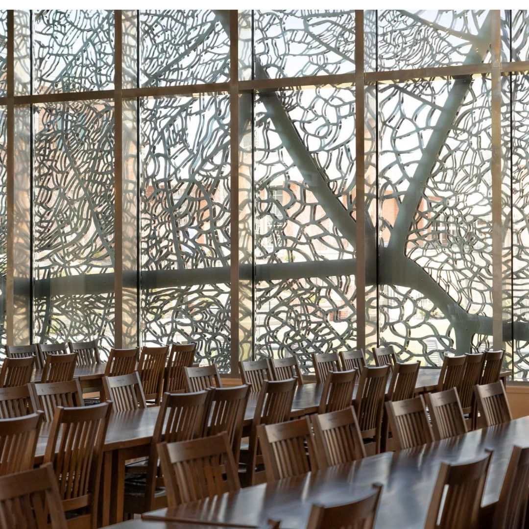 azahner's tweet photo. Zahner collaborated with artist Jan Hendrix to fabricate this stainless steel artwork at the Pembroke Hill Dining Hall. Two botanical images create the feeling of being inside a living plant. Learn more: https://t.co/9VcRx5mr1C #stainlesssteel #kansascityarchitecture https://t.co/hy5hcXFYEs