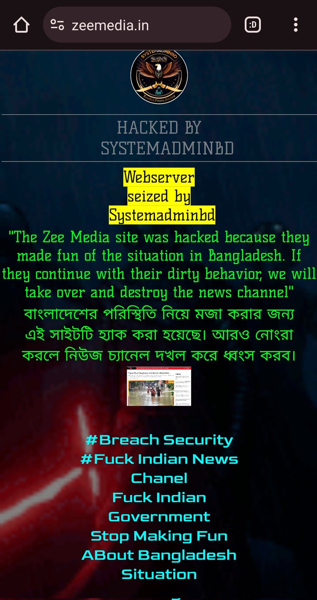 shh_ji20's tweet photo. Zee media website hacked.
Hacked by "SystemAdminBD".
Zee media made fun of the situation in Bangladesh & if they continue so then the hacker threatened to destroy the news channel.
Just Godi media things🤡
#ZeeNewsChannelHacked | #SystemAdminBD | #breachsecurity https://t.co/P4ixoacOLs