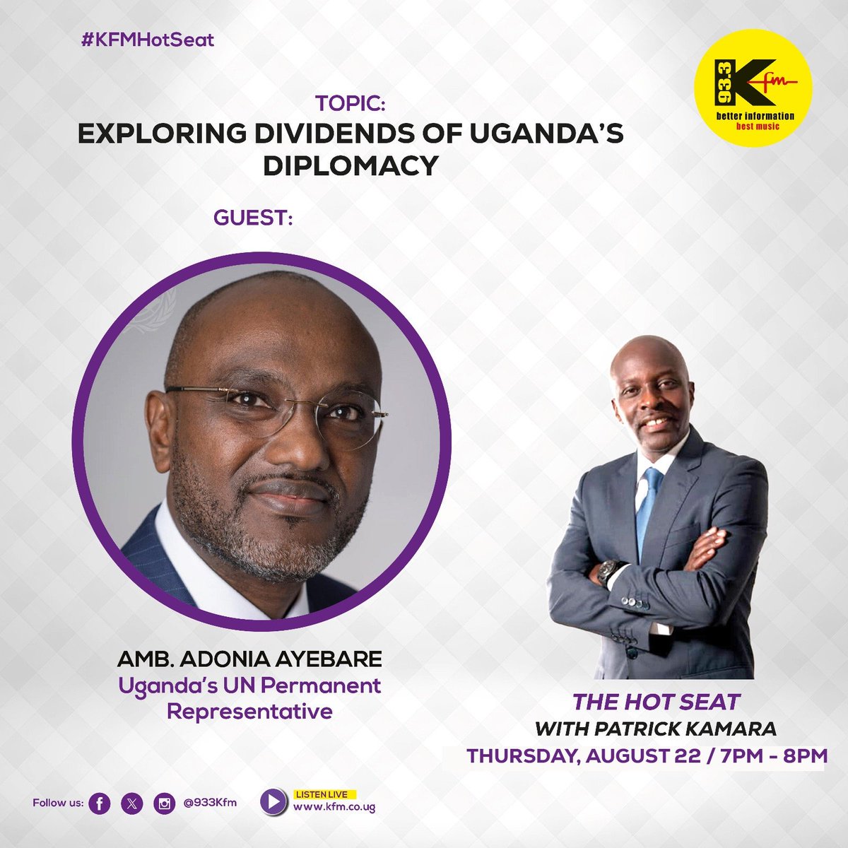UgandaMFA's tweet image. Curious about how Uganda's chairing of regional groupings like G77 and NAM benefits you? Tune in tomorrow, Thursday August 22nd as Amb. @adoniaayebare takes the #hotseat with Patrick Kamara.