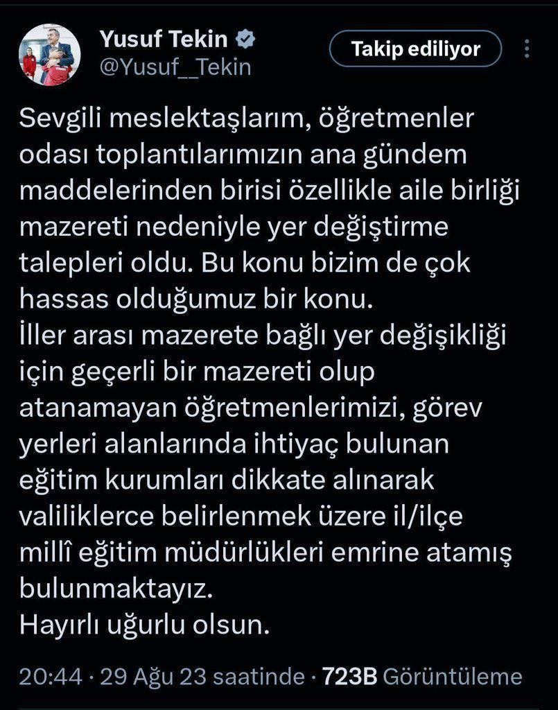 Geçen yıl il emri ile ailelerine kavuşan öğretmenlerden fakımız ne?Bizde bu mutluluğu yaşamak istiyoruz
@RtErdogan
<a href="/EmineErdogan/">Emine Erdoğan</a>
<a href="/Yusuf__Tekin/">Yusuf Tekin</a>
<a href="/_cevdetyilmaz/">Cevdet Yılmaz</a>
<a href="/tcmeb/">Millî Eğitim Bakanlığı</a>
<a href="/tcbestepe/">T.C. Cumhurbaşkanlığı</a>
<a href="/_aliyalcin_/">Ali YALÇIN</a> 
#BitsinBuCileMEB