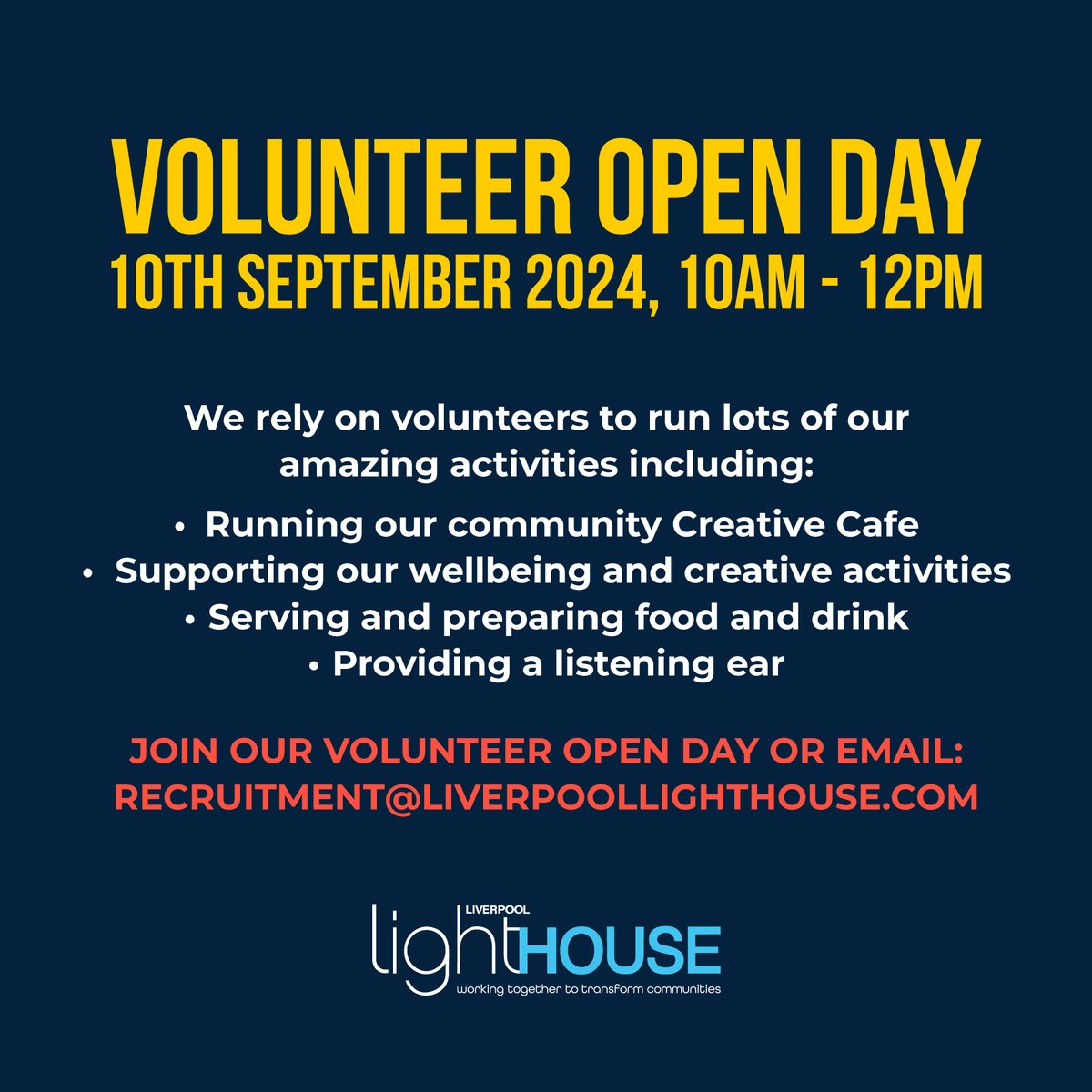 Liverpool Lighthouse (@livlighthouse) on Twitter photo Liverpool Lighthouse needs you! 💙
We have opportunities for everyone to get involved, no matter who you are, what skills you have or when you are available.
Email: recruitment@liverpoollighthouse.com OR come to our volunteer open day on Tuesday 10th September from 10AM-12PM. Liverpool Lighthouse needs you! 💙
We have opportunities for everyone to get involved, no matter who you are, what skills you have or when you are available.
Email: recruitment@liverpoollighthouse.com OR come to our volunteer open day on Tuesday 10th September from 10AM-12PM.