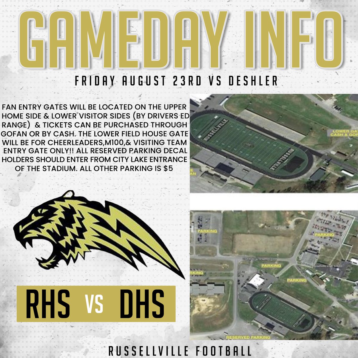 Game Day Info 

Russellville 🆚 Deshler

🎟️ gofan.co/event/1547787?…