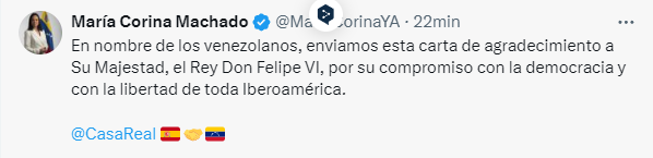 Dos tuits de María Corina con menos de 5 horas de diferencia.